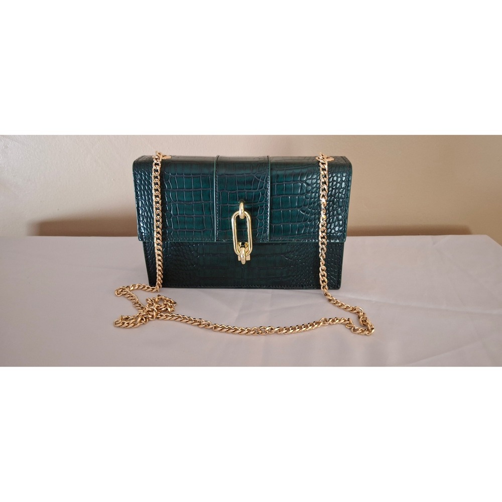 Lulus Dark Green Crocodile Embossed Crossbody Bag Gold Chain Link Hardware